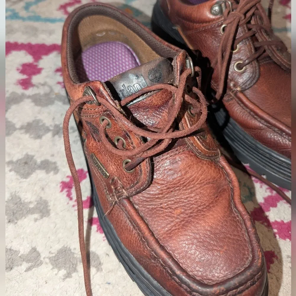 Timberland Y2K Men's Size 8.5 Three Hook‎ Cherry Brown Leather Boat Shoes Preppy
